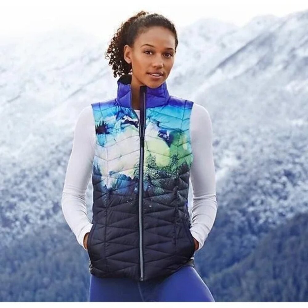 ATHLETA Altitude Down Vest Womens XXS‎ Blue Green Watercolor Puffer Quilted Zip